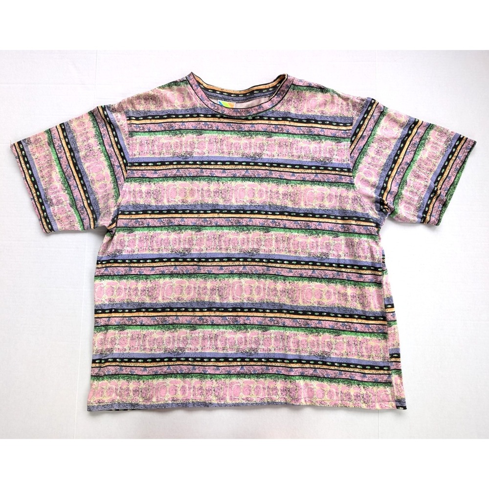 Vintage Surf Gear Shirt Fits Mens XL Multi Color Stripe Geometric Tribal Neon